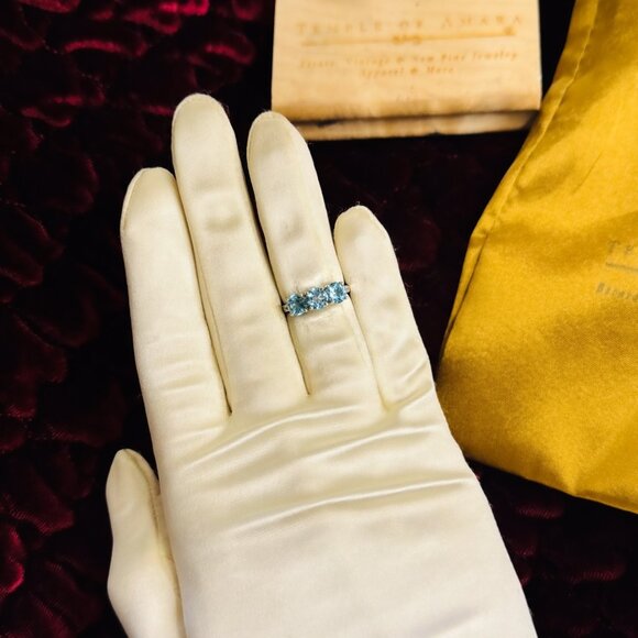 VINTAGE- 10K White Gold Swiss Blue Topaz Diamond Ring -Sz 4- Past Present Future - Picture 12 of 16